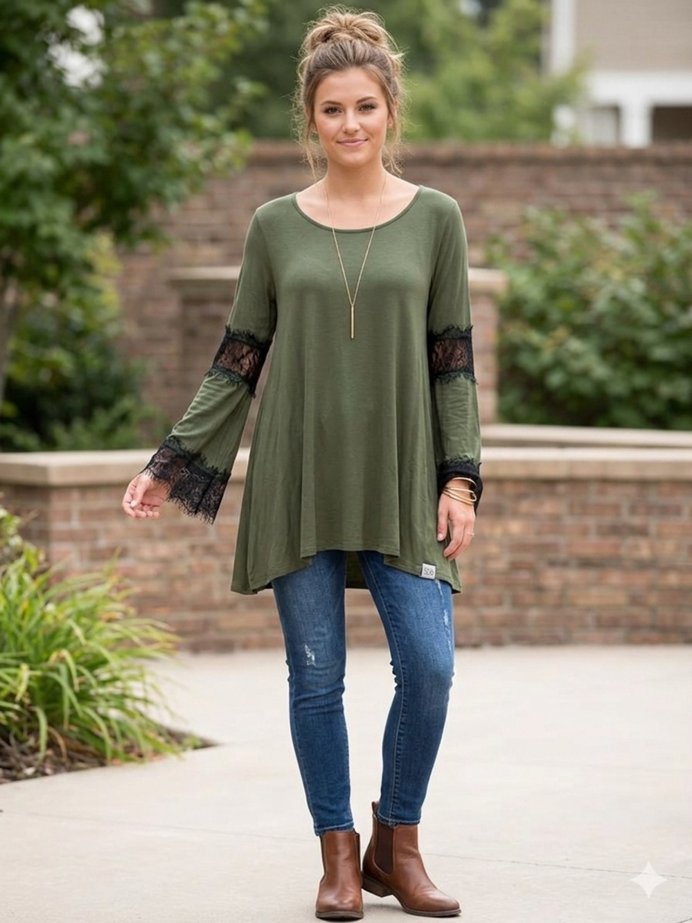 twenty second Olive Green Tunic with Black Lace Bell Sleeves